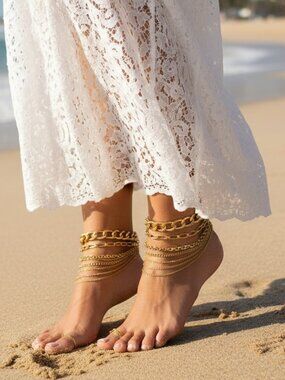 Women 1 Side Foot Bracelet Metal Chains Gold Anklet Bling Charm Multi Strands